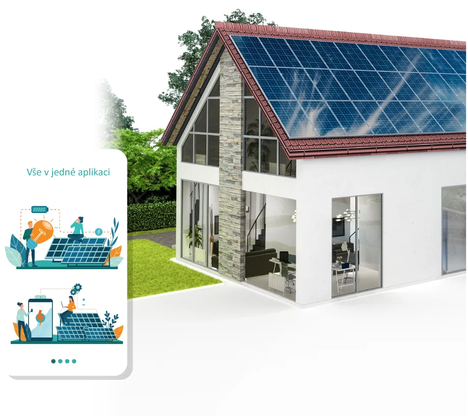 Rodinný dům s fotovoltaickými panely a ovládací mobilní aplikací